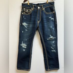 True Religion Ricky Relaxed Straight Distressed Dark Wash Jean Sz 36